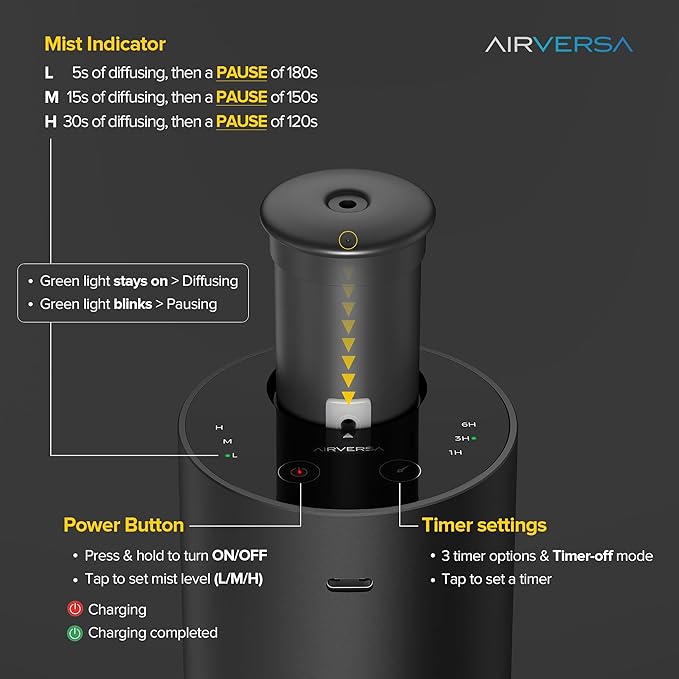 Waterless Essential Oil Diffuser Starter Kit with 30mL Hotel Scent Fragrance Oil Inspired by Ritz-C., Battery Operated Premium Portable Mini Scent Air Machine for Home Car Office, Black ANX
