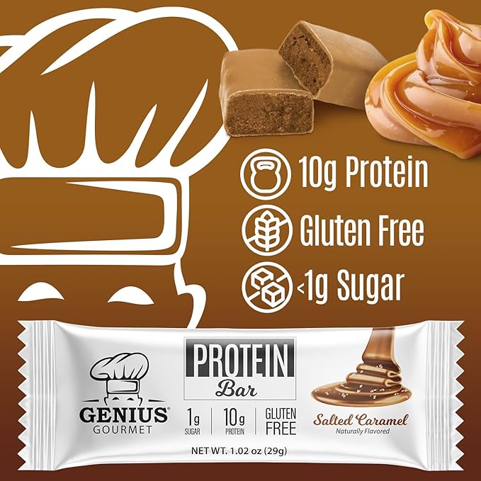 Genius Gourmet Protein Bar, Salted Caramel Keto Snack, Low Carb, Low Sugar & Gluten Free, Protein Snacks for Adults, 10G of Whey Protein per Protein Bar, 5 Net Carbs, 10 Count