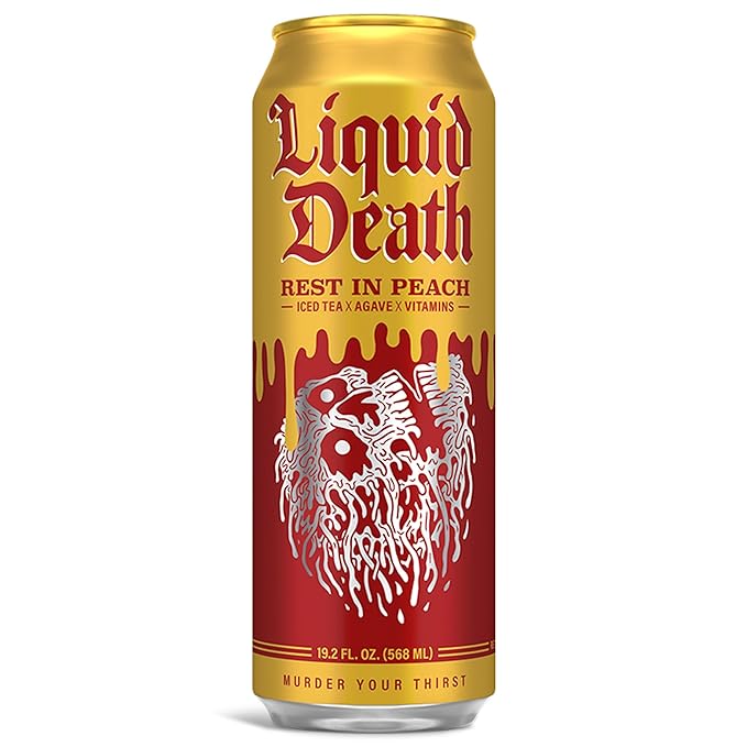 Liquid Death, Rest in Peach Iced Tea, 8-Pack (19.2oz Cans), Peach Flavored Back Tea, Low Calorie, No Artificial Sweeteners, B12 & B6 Vitamins