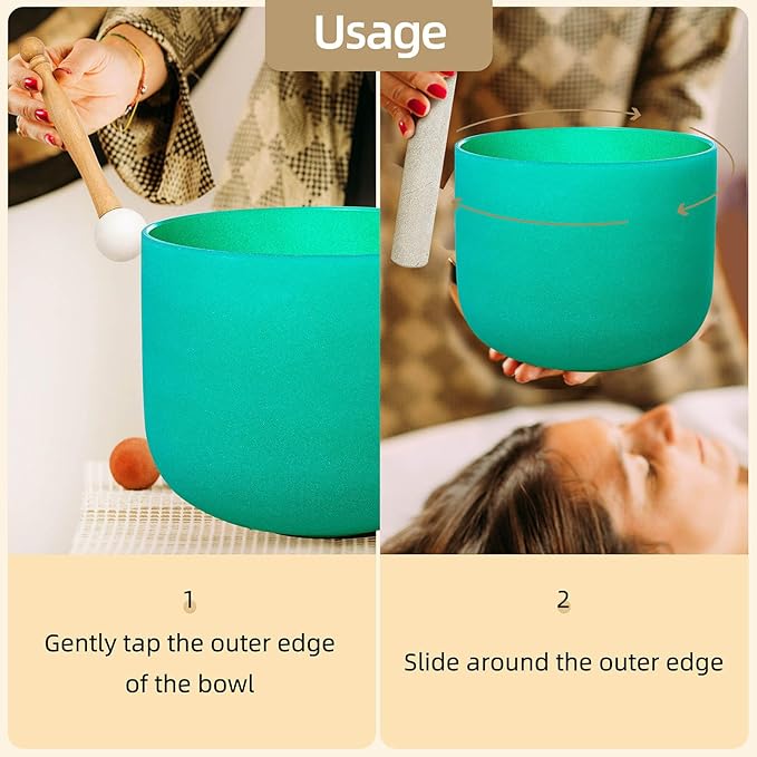 9 inch Green F Note Heart Chakra Quartz Crystal Singing Bowl, for Healing Mindfulness Meditation Yoga Sound Baths, with Rubber Mallet O-ring