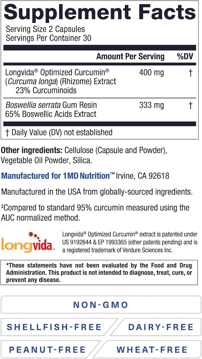 1MD Nutrition CurcuminMD Plus - Turmeric Curcumin with Boswellia Serrata - 285x More Absorbable | Joint Stiffness, Muscle Recovery, and Mood Support | 180 Capsules (3-Pack)
