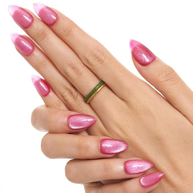 GLAMERMAID Pink Magnet Cat Eyes Press on Nails Short Almond, Handmade Jelly Gel Fake Nail Kits, Ombre Glitter Magnetic Glue on Nail Stiletto, Pink Aurora Medium Oval Stick on False Nail Set for Women