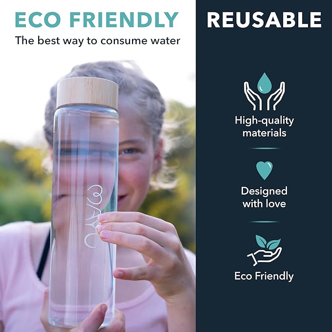 mayu Water Bottle with Bamboo Lid, Eco Friendly & BPA Free, Plastic Free Borosilicate Glass Bottle - Zero Leak Design - for Outdoor Picnic, Everyday Use and Non-Toxic Hydration | 1L, 34OZ