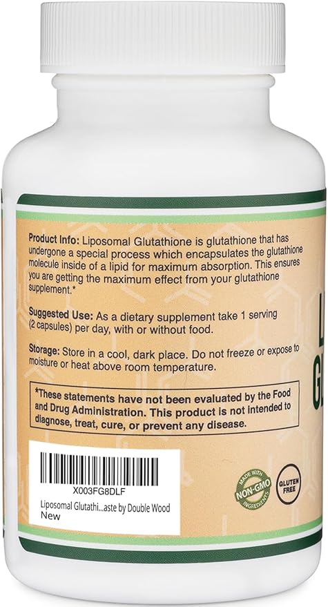 Liposomal Glutathione Supplement 500mg per Serving, 60 Capsules (Vegan Safe, Non-GMO) Max Absorption Liposomal Glutathione with Genuine Smell and Taste by Double Wood