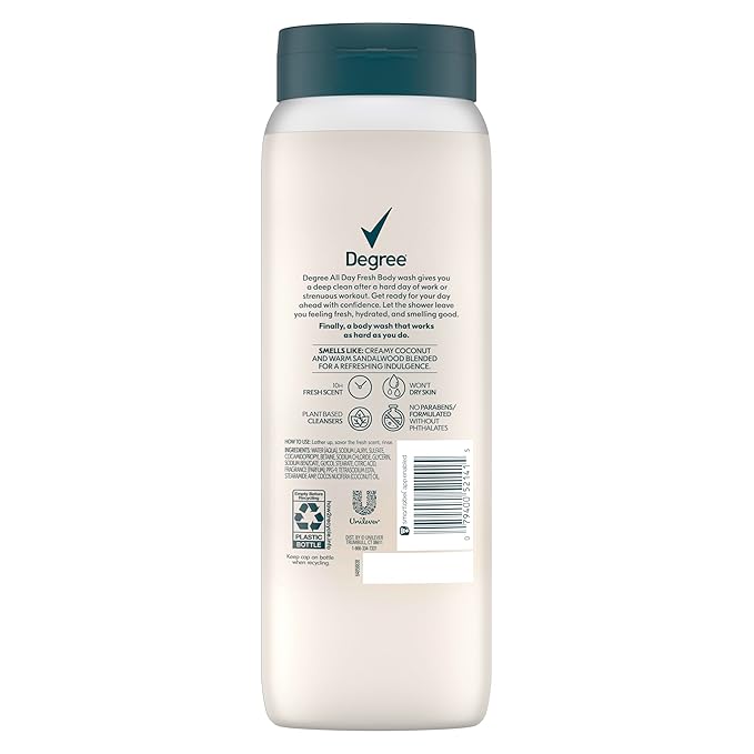 Degree All Day Fresh Body Wash Fresh Coconut Deep Cleansing 20 oz