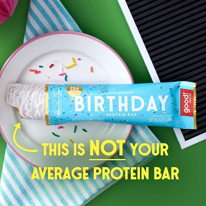 good! Snacks Birthday Cake Vegan Protein Bar, Soy & Gluten Free, Plant Based, Low Sugar, 15g Clean Protein, Natural Healthy Superfood Snack, Kosher Friendly, For Athletes & Active Lifestyles, 12 Bars