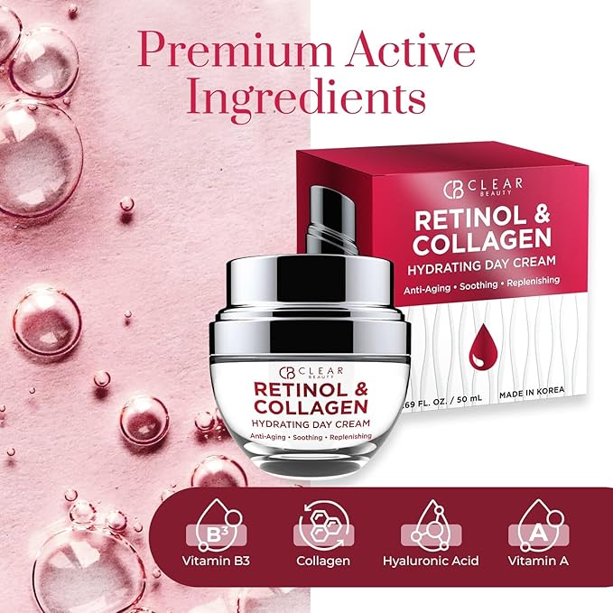 Clear Beauty Retinol & Collagen Daily Face Moisturizer - Dermatologist Tested, Reduces Wrinkles, Fine Lines & Blemishes, Hydrating Anti-Aging, Clean Beauty, Cruelty-Free Korean Skin Care - 1.69 oz