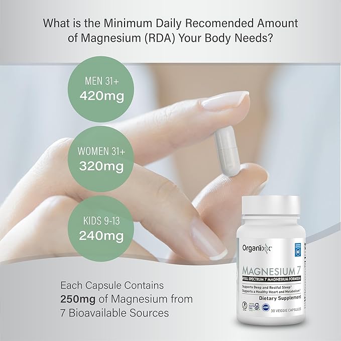 Organixx Magnesium Supplement, Natural Magnesium Capsules for Sleep Support, Muscle Recovery, with Vitamin B6 and Manganese Citrate and Glycinate, High Absorption, Vegan, Non GMO (30 Count)
