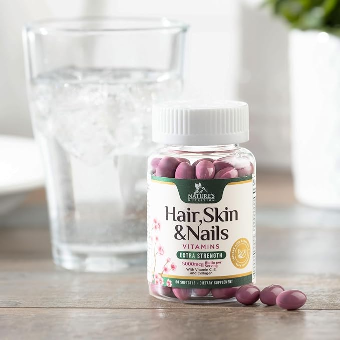 Hair, Skin & Nails Vitamins for Women - Biotin 5000mcg to Support Hair Growth with Argan Oil, Collagen & Hyaluronic Acid, Beautiful, Stronger Skin, Hair & Nails Vitamin Supplement - 60 Softgels