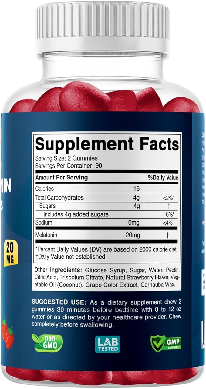 Melatonin 20mg Gummies - 180 Count - Drug Free - Natural Strawberry Flavor - Vegetarian, Non-GMO, Gluten Free (3 Bottles)