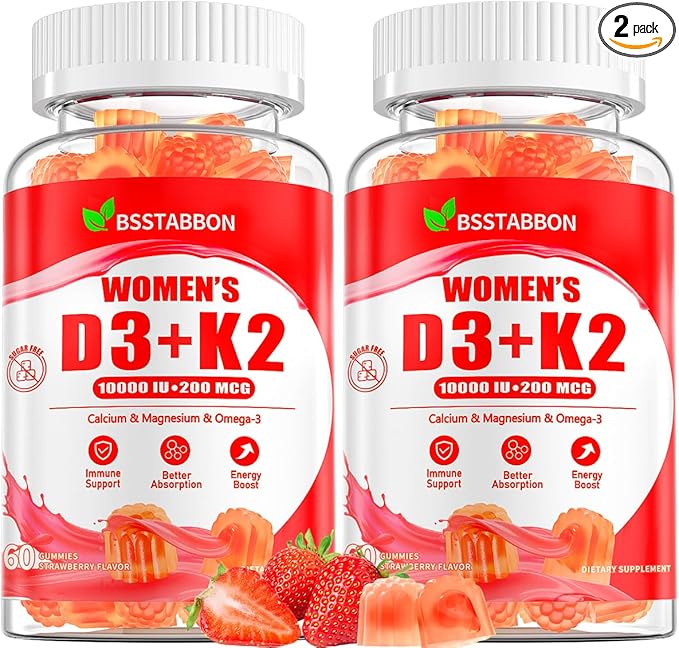 Organic Women’s D3 K2 Vitamin Gummies: D3 10000 IU Chewable Vegan Multivitamins Supplement with B12 B6 B9 Plus Magnesium Omega Zinc Calcium - for Immune Energy Skin Support (120Count)