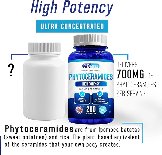 We Like Vitamins Phytoceramides 700mg - 200 Capsules All Natural Wheat Free and Plant Based - Phytoceramide Supplement - Skin Supplement for Women - Ceramides for Skin Hydration, Repair, Rejuvenation