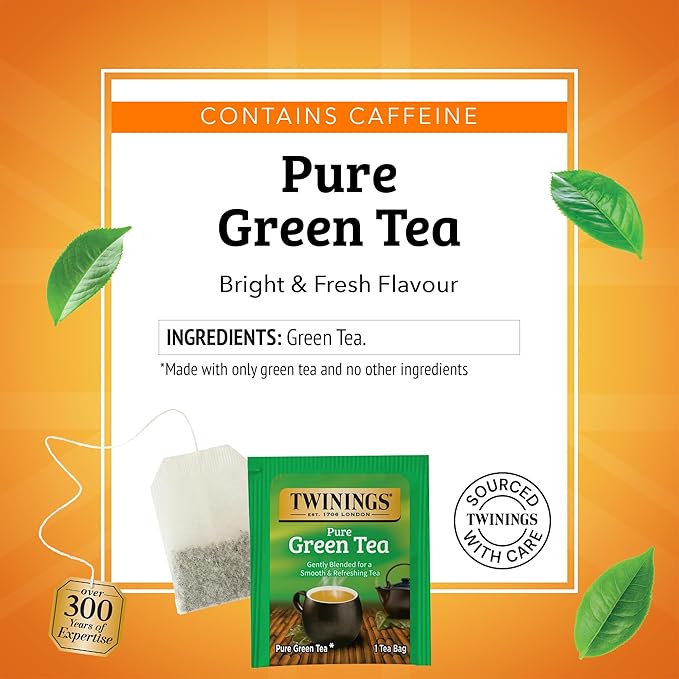 Twinings Pure Green Tea Individually Wrapped Bags, 20 Count (Pack of 6), Smooth Flavour, Enticing Aroma, Caffeinated, Enjoy Hot or Iced, 120 Teabags