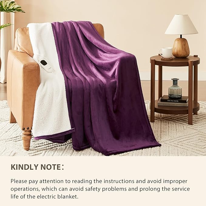 Homemate Electric Heated Blanket Twin Size - 62"x84" Heating Blanket Twin Size 1/2/4/6/8 Hours Auto-Off 10 Heat Level Over-Heat Protection Flannel Sherpa ETL Certification