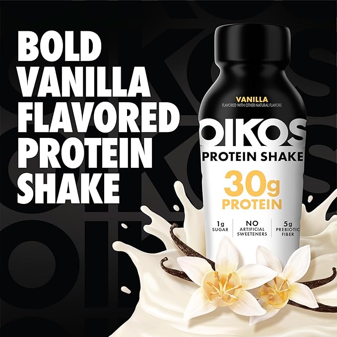 Oikos Protein Shake, Vanilla, 30g High Protein Drinks, Shelf Stable, Ready to Drink, 5g Prebiotic Fiber, 12 fl oz Bottle, 12 Count