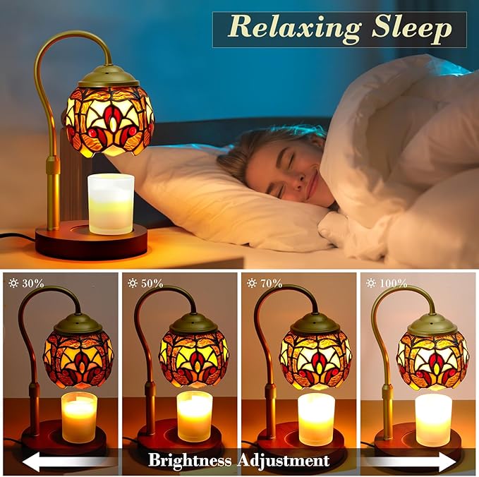 Candle Warmer Lamp with Timer Dimmer, Adjustable Height Candle Warmer for Jar Candles, Birthday Gifts for Women New Home Bedroom Decor Tiffany Baroque Style Stained Glass with 2 Bulbs