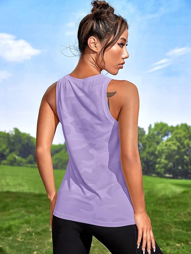 OYOANGLE Women's Camo Print Sleeveless Workout Shirts Exercise Running Tank Tops Active Gym Tops