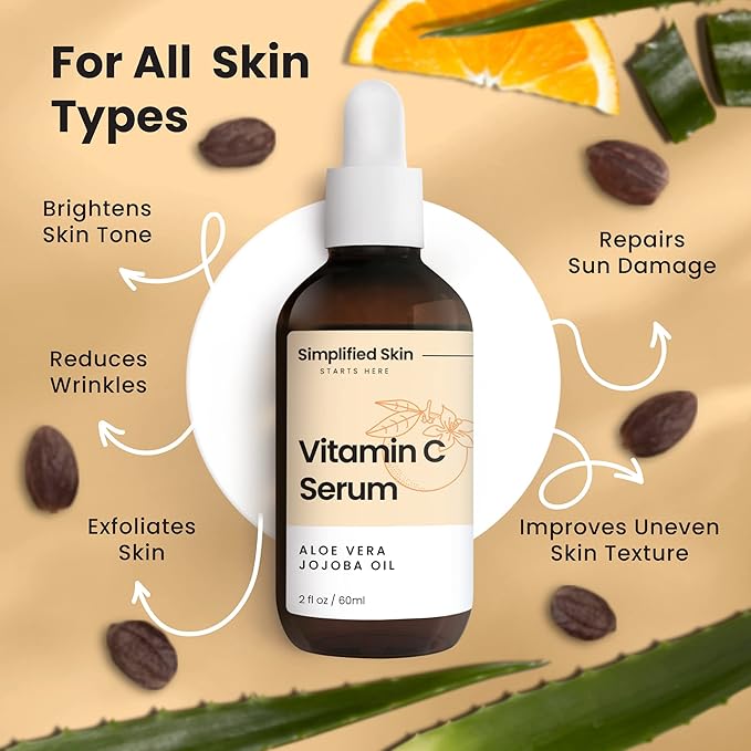 Simplified Skin Vitamin C Face Serum – 20% Vitamin C, Hyaluronic Acid, Vitamin E – for Hydrating & Glowing Skin - Antioxidant Skin Brightening Serum – 2 Fl Oz