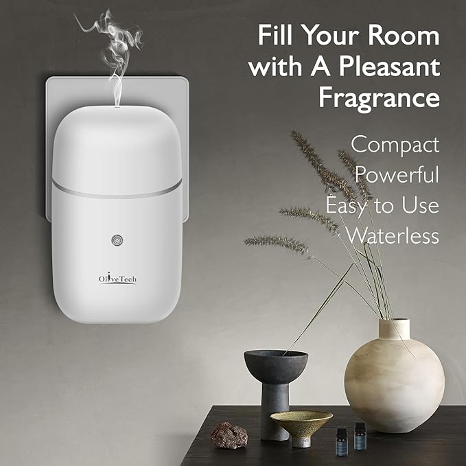 Plug in Waterless Diffuser, OliveTech Cold Air Scent Diffuser, Hotel Collection Aromatherapy Fragrance Diffuser for Home & Office, Includes 2x10ml Essential Oils