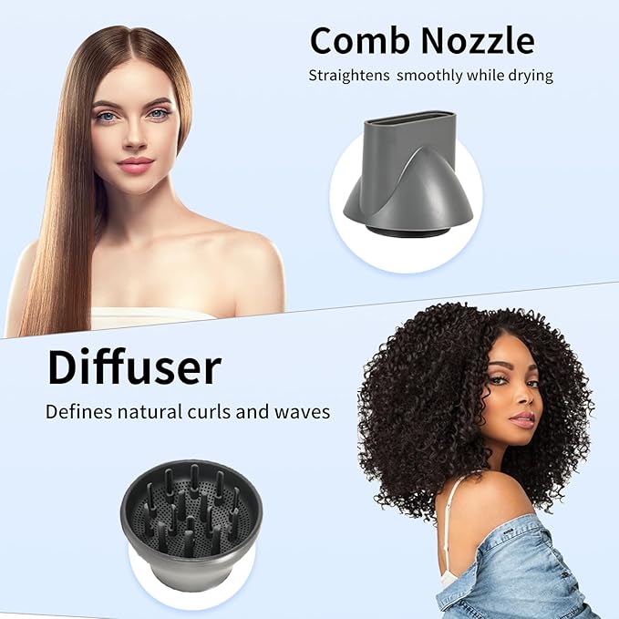 Bladeless Ionic Hair Dryer, 110,000 RPM Diffuser Hair Dryer, 300M Negative Ion, 6.5ft Cord, 3 Heat Settings & 3 Speed, with Concentrator Nozzle and Diffuser for Curly Hair, for Women Men, Grey