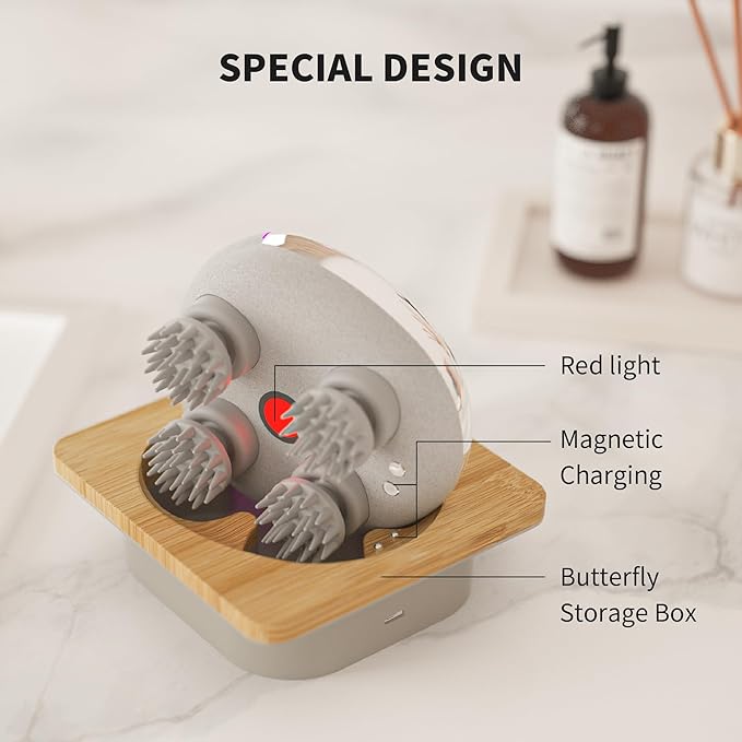 Breo Portable Mini Scalp Massager – IPX7 Waterproof Rechargeable Head Massager for Scalp Relax, Stress Relief Tool with Bamboo Wood Charging Base, Removable Massage Nodes (Silver with Base)