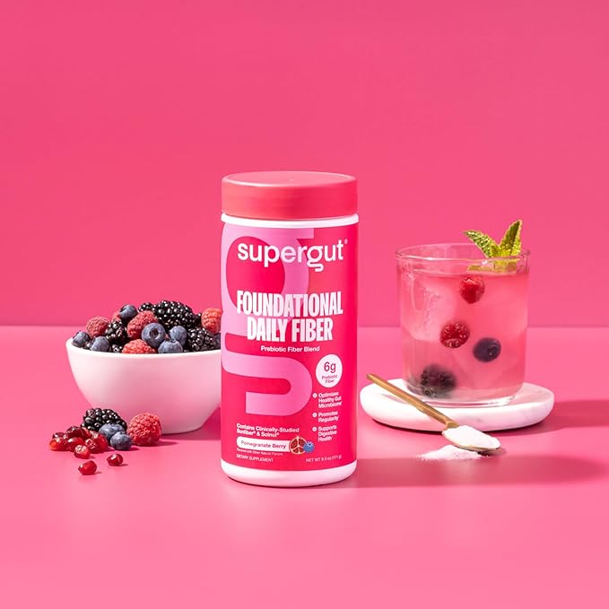 Supergut Foundational Daily Fiber Powder, Sugar Free & Vegan Prebiotic Fiber Blend for Gut Health & Digestive Support, Supplement for Men & Women with Solnul & Sunfiber, Pomegranate Berry, 18 Servings