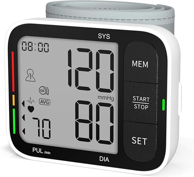 Blood Pressure Cuff Wrist, Universal Bp Cuff(5.3-8.4in) Large LCD Display 2 Users Total 240 Memories, 2 AAA Batteries & Carrying Case Included