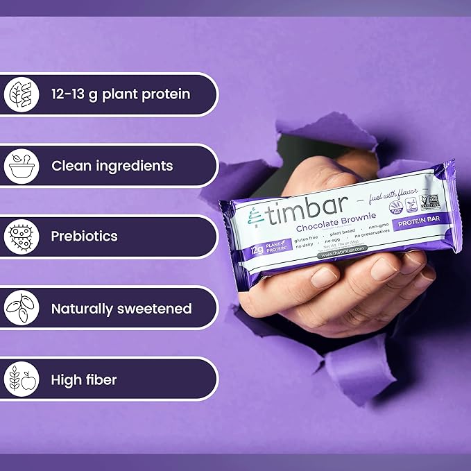 timbar Vegan Protein Bars 12 Pack | 12g Protein & 9g Fiber Plant Based- Energy & Nut Bars | Gluten Free, Non-GMO, Dairy Free, Healthy On-the-Go Snack & Meal Replacement (12 Packs, Chocolate Brownie)