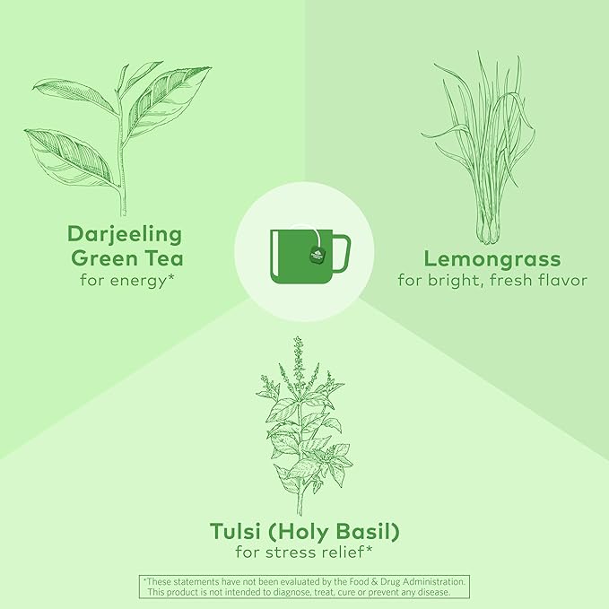 Organic India Tulsi Green Herbal Tea - Stress Relieving & Balancing, Immune Support, Adaptogen, Vegan, USDA Certified Organic, Caffeine-Free - 18 Infusion Bags, 6 Pack
