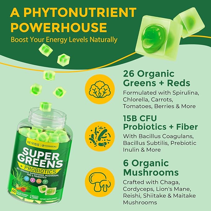 Organic Super Greens Daily Gummies + Probiotics, Spirulina, Chlorella, Spinach, Broccoli, Fiber, Fruits Veggies, Mushroom - Greens Powder Superfood Alternative, Natural Energy, Sugar Free Vegan, 60Cts