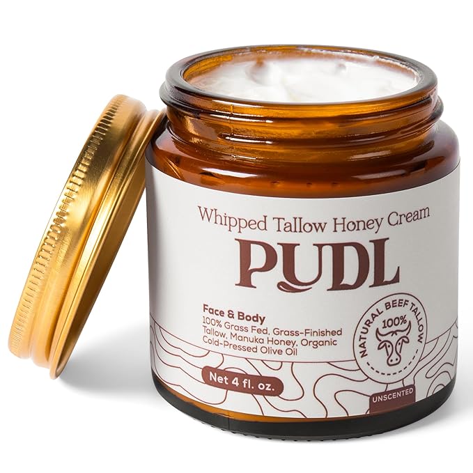 PUDL Grass Fed Beef Tallow for Skin Care with Manuka Honey, Organize Olive Oil and Jojoba Oil – Whipped Lotion Balm Anti-Aging Moisturizer Deeply Nourishing for Sensitive Skin Face & Body