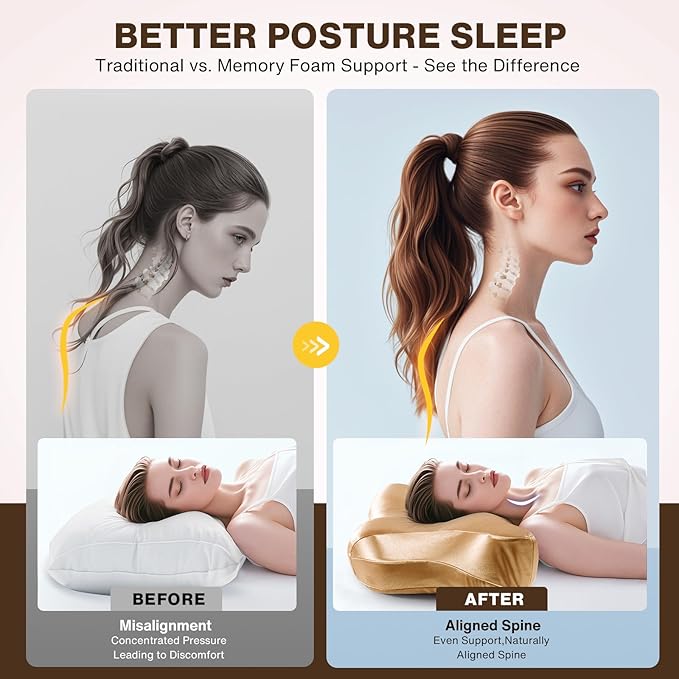Pain Relief Cooling Pillow for Neck Support Adjustable Cervical Pillow Side Sleeping Memory Foam with Super Soft and Cooling Satin Pillowcase Gold