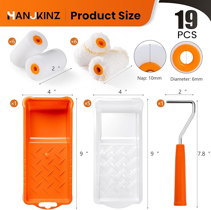 Paint Roller, 2 Inch Small Paint Roller Kit with High-Density Foam Paint Roller, Microfiber Paint Rollers, Paint Tray, Paint Tray Liner, Roller Frame, Pack of 19