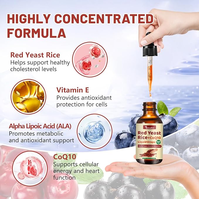 Red Yeast Rice with Coq10 Drops, Organic Red Yeast Rice 1200mg with Alpha Lipoic Acid for Cholesterol Support, CoQ10 100mg for Heart Health Support - 2 oz, Citrinin Free