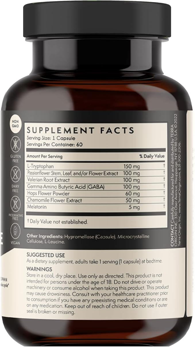 TERRA ORIGIN Healthy Sleep & Wake | Natural Sleep Aid Supplement for Adults | Restful and Awake Refreshed | GABA, L-Tryptophan, Melatonin, Chamomile, Valerian, PassionFlower | 60 Capsules