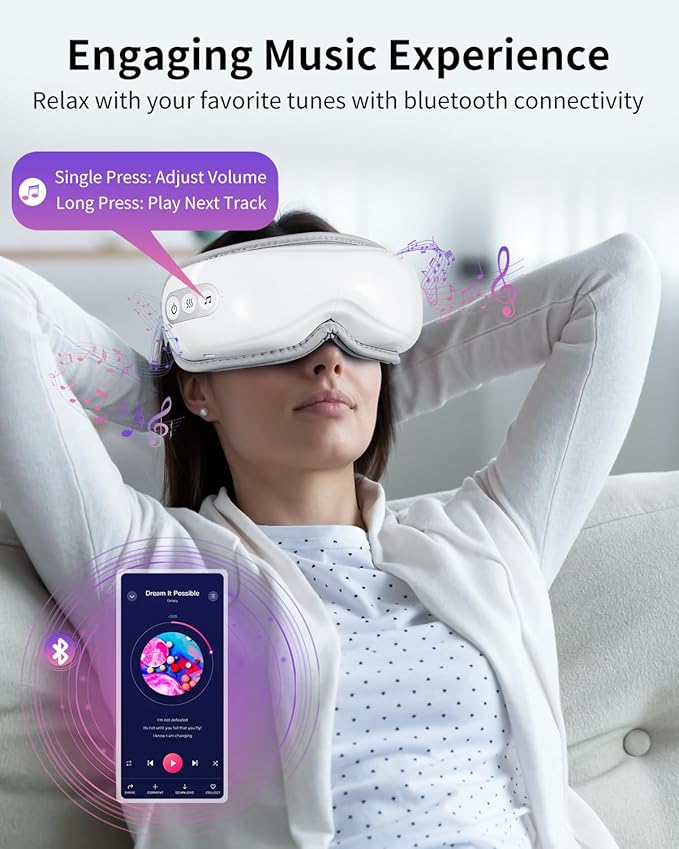 arboleaf Eye Massager with Heat, Heated Eye Massager for Migraines with Compression and Music, Wireless Eye Mask Massager with Heat, 5 Modes Portable Massaging Eye mask for Relieve Eye Strain