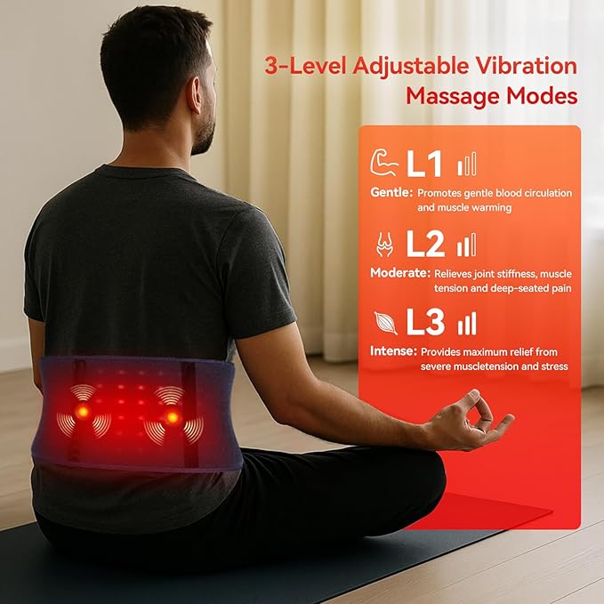 Red Light Therapy Belt for Back & Abdomen, 5000mAh Cordless Infrared Waist Wrap with Pulse/3-Mode Vibration Massage – Pain Relief, Muscle Relaxation & Circulation Boost, Ideal Gift for Mom & Dad