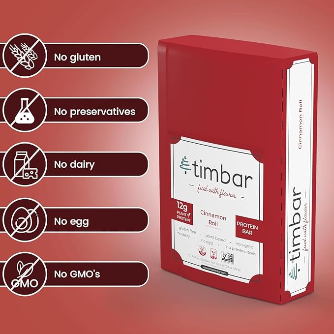 timbar Vegan Protein Bars 4 Pack | Plant Based- Energy & Nut Bars with 12g Protein | Gluten Free, Non-GMO, Dairy Free, Healthy On-the-Go Snack & Meal Replacement (4 Packs, Cinnamon Roll)