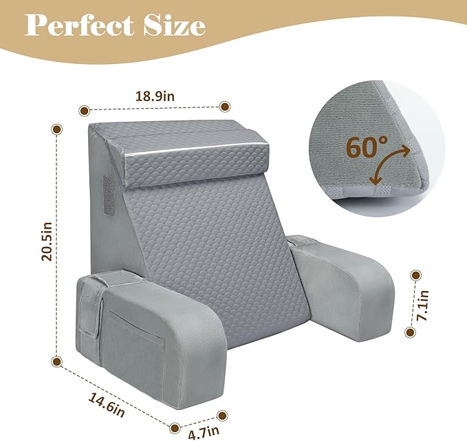 Reading Pillow for Sitting in Bed Adult, Back Pillow for Bed Sitting up, Reading & Bed Rest Pillows for Watching (Gray/Gray)