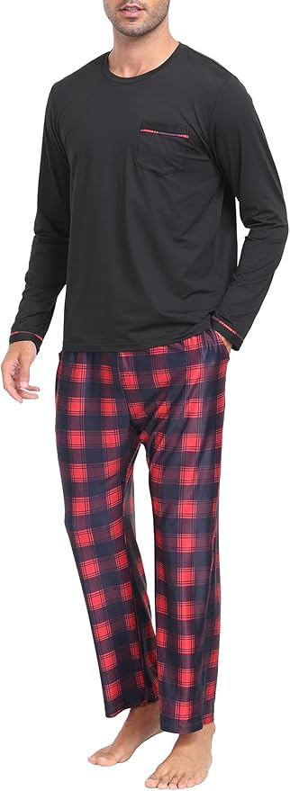 MoFiz Men's Pajamas Plaid Sets Sleepwear Sleep Long Sleeve Shirts and Pants Pajama Set Soft Mens Pjs Lounge Set with Pockets
