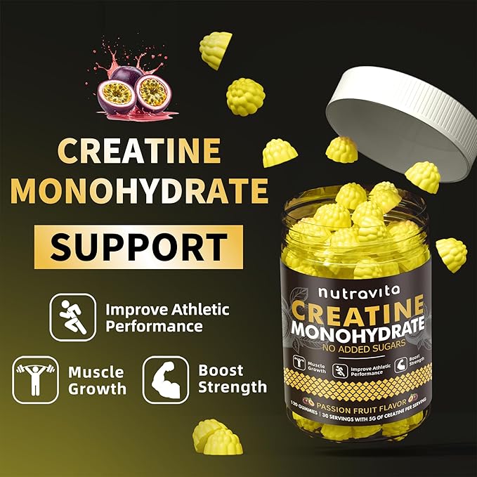 Nutravita Creatine Monohydrate Gummies for Men & Women-5g of Creatine Monohydrate per Serving - Sugar Free,Vegan, Passion Fruit Flavor, 120 Count