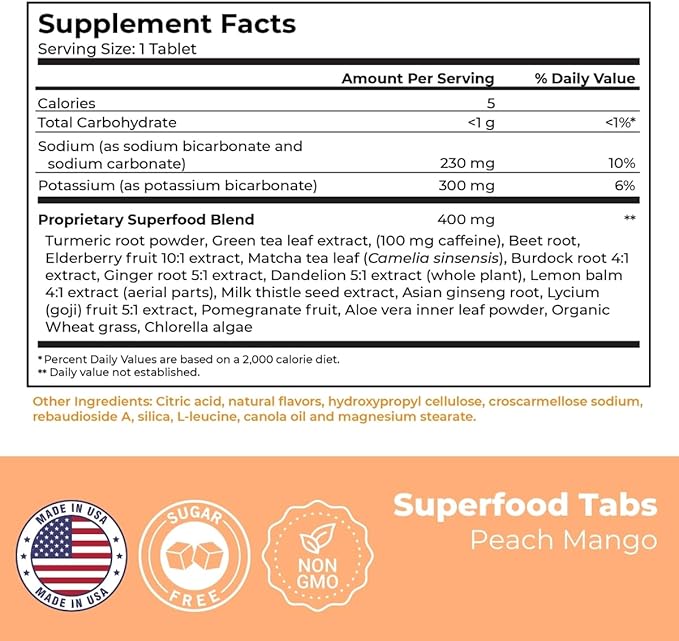 Superfood Tabs skinnytabs Anti-Bloat Cleanse Drink with 15 Superfoods | Supports Digestion, Energy & Cravings | Vegan, Non-GMO | 30 Effervescent Tabs – Peach Mango Flavor