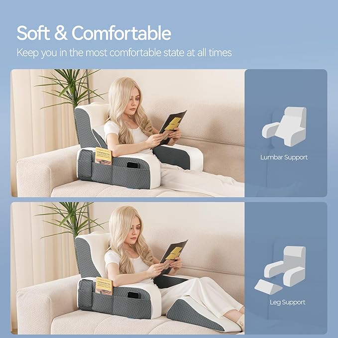 Kayfia Reading Pillow, 10 in 1 Back Pillow for Bed Sitting up with Detachable Arms Rest, Back Rest Pillow with Gel Memory Foam, Husband Pillow for Reading/Gaming/Working in Bed or Couch 19", White
