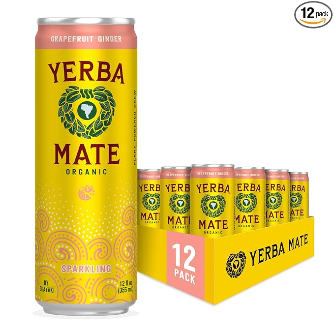 Yerba Madre Organic Sparkling Yerba Mate, Grapefruit Ginger, 80mg Natural Plant Based Caffeine, Smooth Energy & Focus, Carbonated, 12 Oz (Pack of 12) (Packaging May Vary)