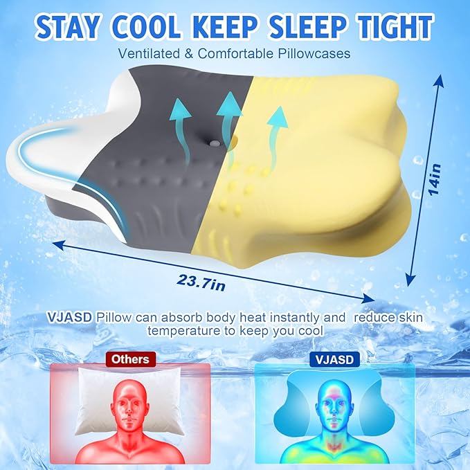 Cervical Neck Pillows with Memory Foam - Ergonomic Neck Support Pillows for Pain Relief Contour Memory Foam - Adjustable Orthopedic Bed Pillows with Cooling Pillowcase for Sleeping - Dark Grey