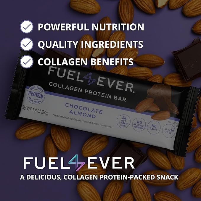 Fuel4Ever Collagen Protein Bars | 14G protein, Gluten Free, Dairy Free, No Stevia or Artificial Ingredients Added, Sweeteneed with Honey | Box of 12 Chocolate Almond Flavor