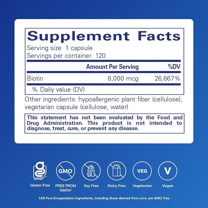 Pure Encapsulations Biotin 8 mg - B Vitamin Supplement to Aid Stress Relief, Hair, Skin & Nail Strengthening, Metabolism, Carbohydrate Support & Nervous System* - with Premium Biotin - 120 Capsules