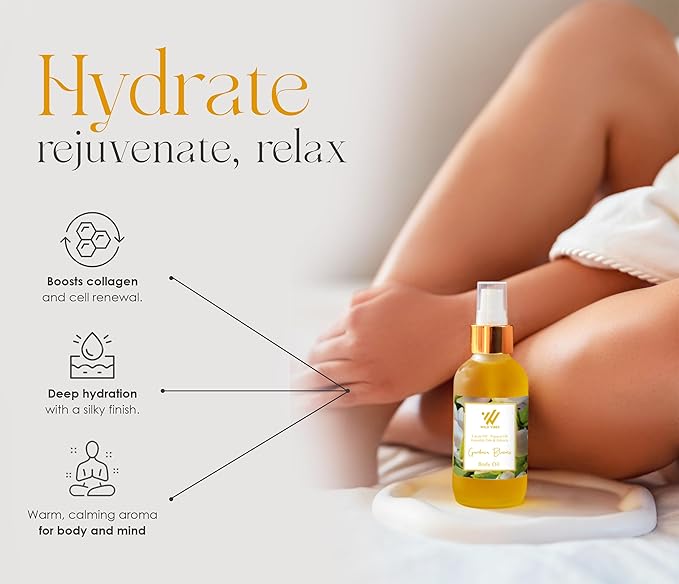 Wild Vibes Gardenia Blooms Organic Luxury Body Oil with Tropical Oils & Lupin Extract – Fast Absorbing Oil for Skin with Floral Scent – After Shower Care for Women 4 oz