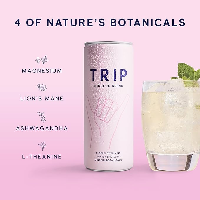 Trip Mindful Blend, Lightly Sparkling Adaptogen Seltzer, Mocktail w/ 120mg Magnesium Citrate with Ashwagandha, Lions Mane & L Theanine, No Added Sugar, Vegan, Elderflower Mint, 12 Oz, 12Pk