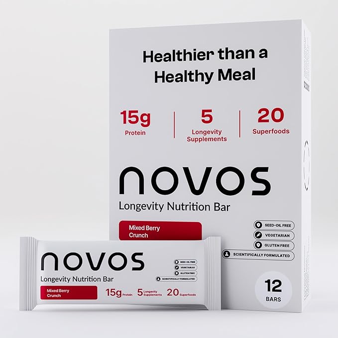 Novos Longevity Protein Bar - Mixed Berry Crunch - 15g Protein, 5 Longevity supplements, 20 Superfoods, Organic Olive Oil, Seed Oil Free, Targets Causes of Aging, Skin, Mind and Mood Support, 12-Pack